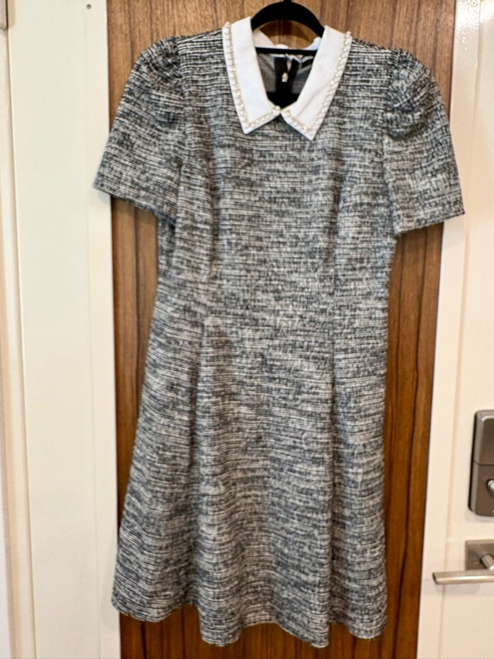 Karl Lagerfeld Black and White Tweed Midi Dress with Pearl Collar